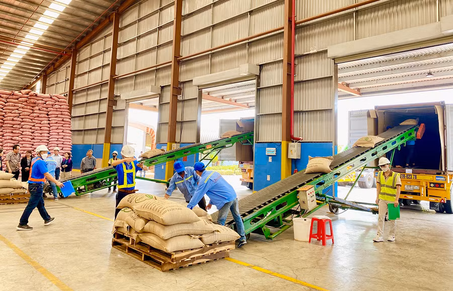 Công nhân Công ty TNHH Vĩnh Hiệp vận chuyển hàng hóa phục vụ cho xuất khẩu. Ảnh: Hà Duy