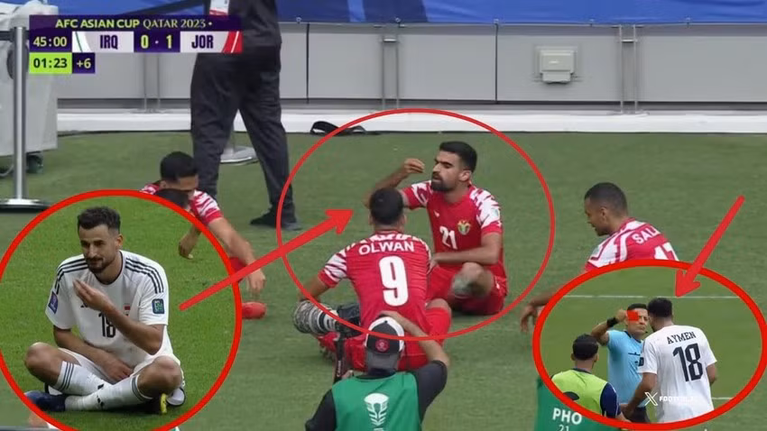 Hành vi ăn mừng của Aymen bị trọng tài đuổi ở phút 76 "gây bão" toàn đất nước Iraq. Ảnh: A.N