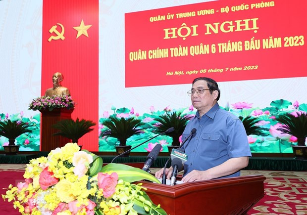 Thủ tướng Phạm Minh Chính phát biểu chỉ đạo tại Hội nghị Quân chính Toàn quân 6 tháng năm 2023. (Ảnh: Dương Giang/TTXVN) Thủ tướng Phạm Minh Chính phát biểu chỉ đạo tại Hội nghị Quân chính Toàn quân 6 tháng năm 2023. (Ảnh: Dương Giang/TTXVN)