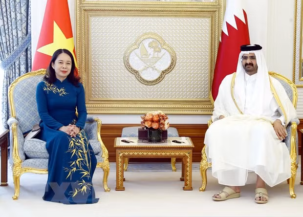 Phó Chủ tịch nước Võ Thị Ánh Xuân và Phó Quốc vương Qatar H.H. Sheikh Abdullah Bin Hamad Al Thani tại buổi hội đàm. (Ảnh: Lâm Khánh/TTXVN)
