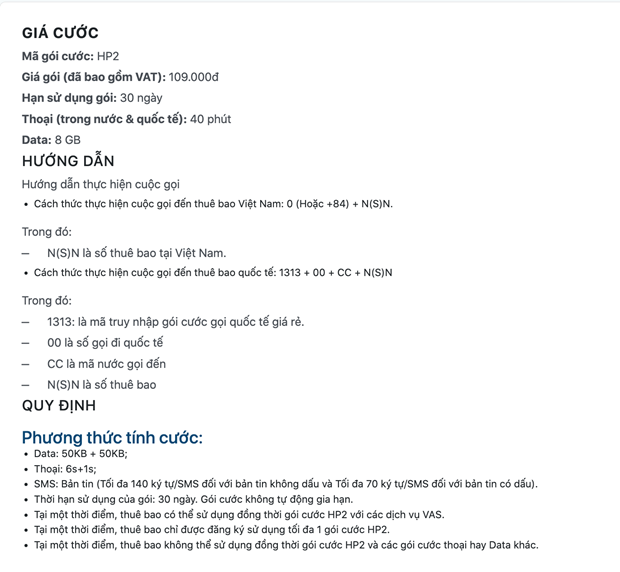 Bảng giá cước của MobiFone với gói HP2.