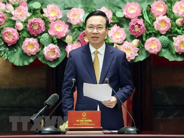 Chủ tịch nước Võ Văn Thưởng phát biểu tại buổi gặp mặt. (Ảnh: Thống Nhất/TTXVN)