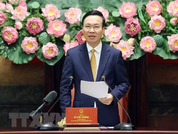 Chủ tịch nước Võ Văn Thưởng phát biểu tại buổi gặp mặt. (Ảnh: Thống Nhất/TTXVN)