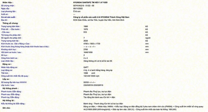 Dữ liệu Hyundai SantaFe hybrid do Cục Đăng kiểm cung cấp. Dữ liệu Hyundai SantaFe hybrid do Cục Đăng kiểm cung cấp.