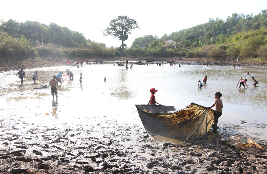 Hàng chục em nhỏ người dân tộc H’Mông xuống hồ nước cạn để mò tép, bắt ốc, cá về cải thiện bữa ăn. Ảnh: Xuân Lâm