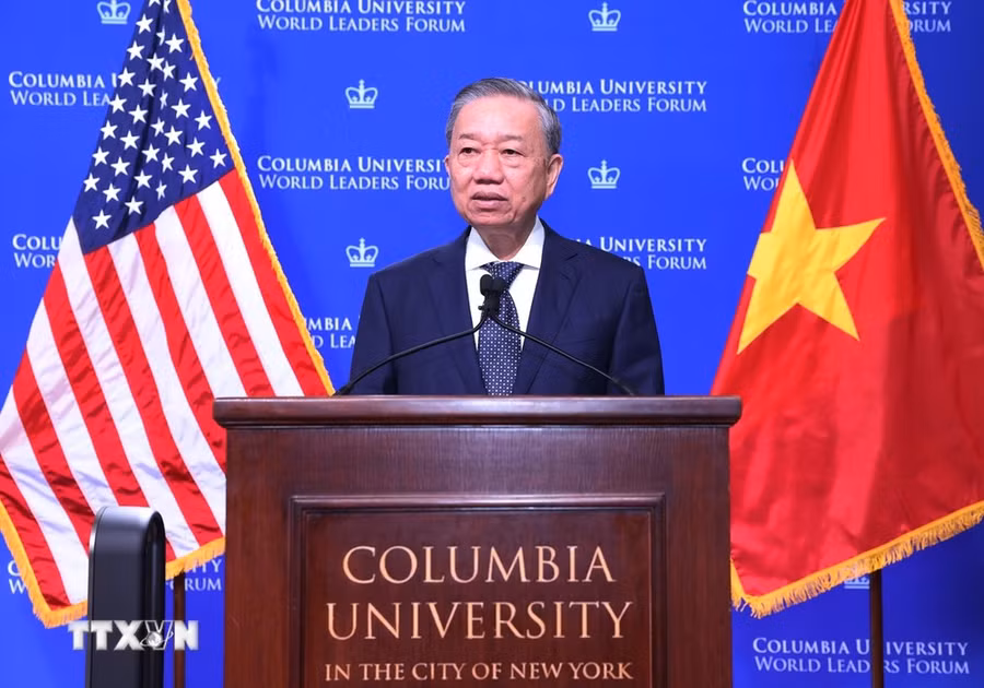 Tổng Bí thư, Chủ tịch nước Tô Lâm phát biểu chính sách tại Đại học Columbia. (Ảnh: Lâm Khánh/TTXVN)