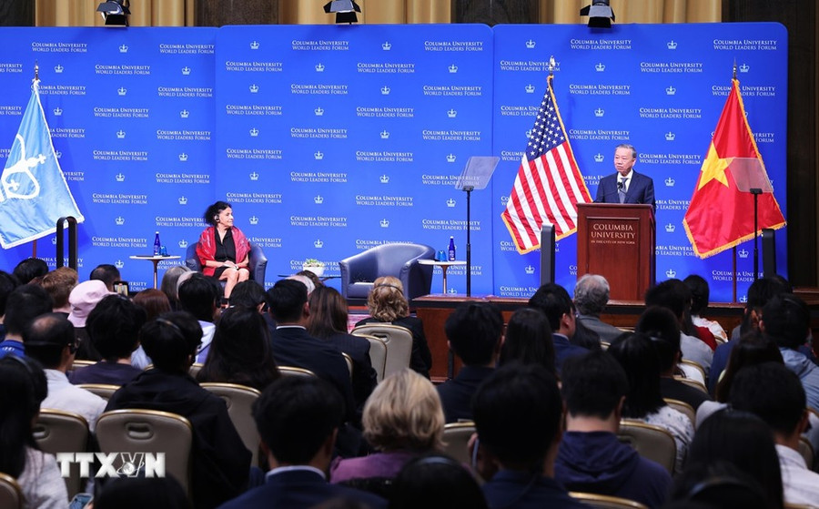 Tổng Bí thư, Chủ tịch nước Tô Lâm phát biểu chính sách tại Đại học Columbia. (Ảnh: Lâm Khánh/TTXVN)