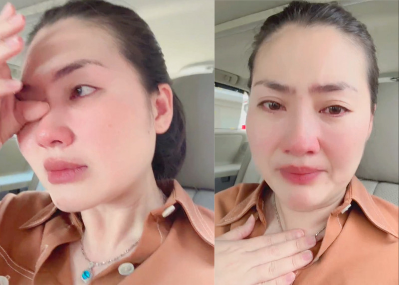 Diễn viên Ngọc Lan livestream trong nước mắt về việc mua bảo hiểm của mình. (ảnh cắt từ clip)
