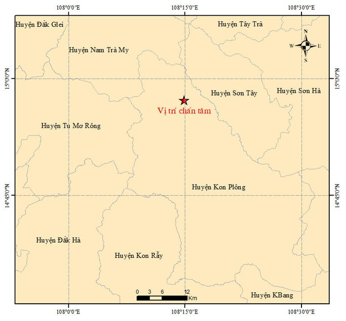 Vị trí tâm chấn động đất vừa xảy ra tại huyện Kon Plông, tỉnh Kon Tum