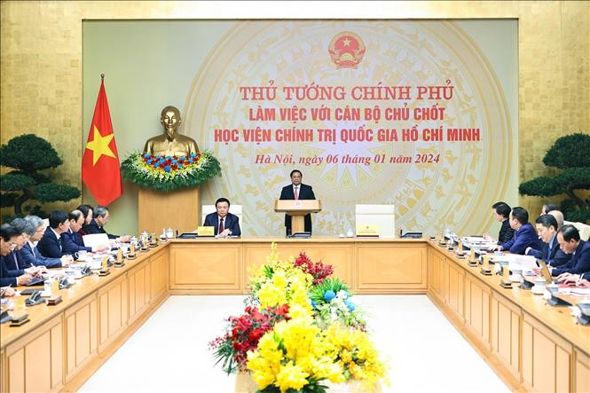 Thủ tướng Phạm Minh Chính phát biểu tại buổi làm việc với cán bộ chủ chốt Học viện Chính trị quốc gia Hồ Chí Minh. Ảnh: Dương Giang (TTXVN) Thủ tướng Phạm Minh Chính phát biểu tại buổi làm việc với cán bộ chủ chốt Học viện Chính trị quốc gia Hồ Chí Minh. Ảnh: Dương Giang (TTXVN)