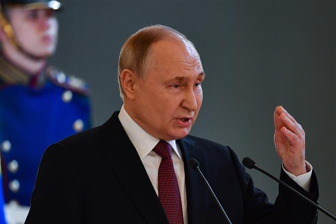 Tổng thống Nga Vladimir Putin phát biểu tại Điện Kremlin ngày 20/3/2024. Ảnh: AFP/TTXVN