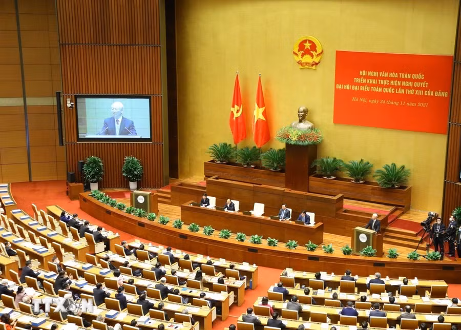 Tổng Bí thư Nguyễn Phú Trọng phát biểu tại Hội nghị Văn hóa Toàn quốc triển khai thực hiện Nghị quyết Đại hội XIII của Đảng (Hà Nội, 24/11/2021). (Ảnh: Trí Dũng/TTXVN)
