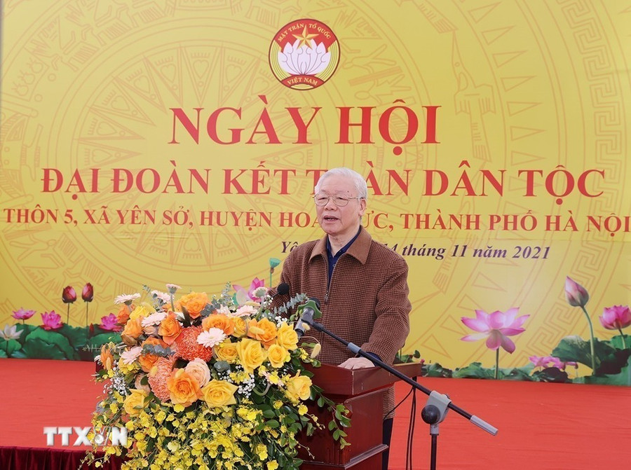 Tổng Bí thư Nguyễn Phú Trọng dự và phát biểu tại Ngày hội Đại đoàn kết toàn dân tộc ở thôn 5, xã Yên Sở, huyện Hoài Đức, thành phố Hà Nội, ngày 14/11/2021. (Ảnh: Trí Dũng/TTXVN)