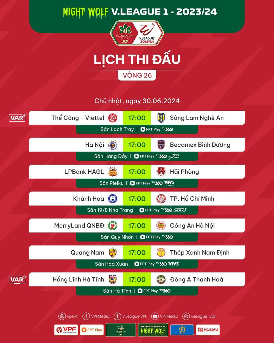 Lịch thi đấu vòng 26 Giải Vô địch Quốc gia V-League 2023-2024. (Ảnh: VPF) Lịch thi đấu vòng 26 Giải Vô địch Quốc gia V-League 2023-2024. (Ảnh: VPF)