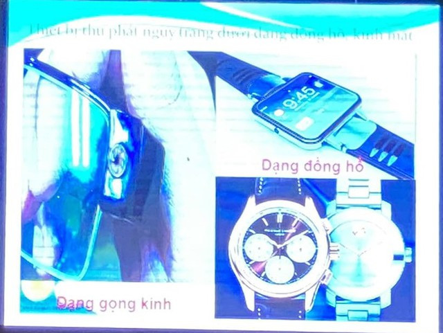 Các thiết bị gian lận công nghệ cao được thiết kế ngụy trang dưới nhiều đồ vật thông dụng như thẻ ATM, bút viết, mắt kính, đồng hồ thông minh... Ảnh: HÀ ÁNH