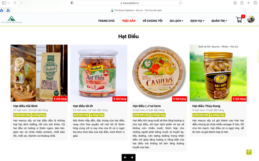 Một phần giao diện của website “The Bazan Highland Gia Lai-Tinh hoa đại ngàn”. Ảnh: Mộc Trà