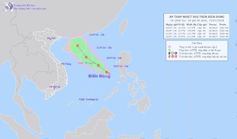 Hình ảnh vị trí và đường đi của áp thấp nhiệt đới. (Nguồn: Trung tâm Dự báo Khí tượng Thủy văn Trung ương) Hình ảnh vị trí và đường đi của áp thấp nhiệt đới. (Nguồn: Trung tâm Dự báo Khí tượng Thủy văn Trung ương)