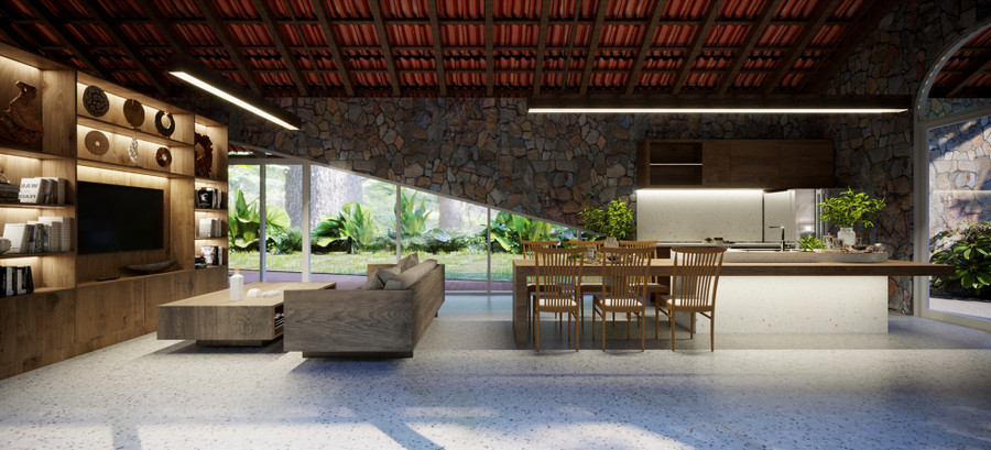 Vì ngôi nhà nghỉ dưỡng chỉ có hai vợ chồng lớn tuổi, nên kiến trúc sư chỉ phân chia không gian ước lệ bằng nội thất, để tất cả các không gian liên thông và kết nối với nhau, tăng việc hiện diện và tương tác giữa mọi người trong nhà. Vì ngôi nhà nghỉ dưỡng chỉ có hai vợ chồng lớn tuổi, nên kiến trúc sư chỉ phân chia không gian ước lệ bằng nội thất, để tất cả các không gian liên thông và kết nối với nhau, tăng việc hiện diện và tương tác giữa mọi người trong nhà.