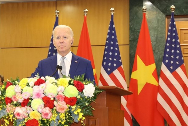 Tổng thống Hoa Kỳ Joe Biden phát biểu tại cuộc Họp báo Chung. (Ảnh: Trí Dũng/TTXVN) Tổng thống Hoa Kỳ Joe Biden phát biểu tại cuộc Họp báo Chung. (Ảnh: Trí Dũng/TTXVN)