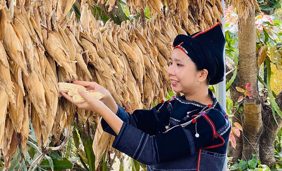 Đinh Thị H’Phim phơi khô bắp để làm nguyên liệu ủ rượu ghè. Ảnh: Mai Ka