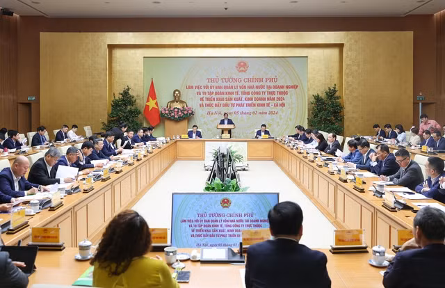 Thủ tướng Phạm Minh Chính chủ trì Hội nghị thúc đẩy đầu tư phát triển 19 tập đoàn, tổng công ty Nhà nước. Ảnh: Nhật Bắc