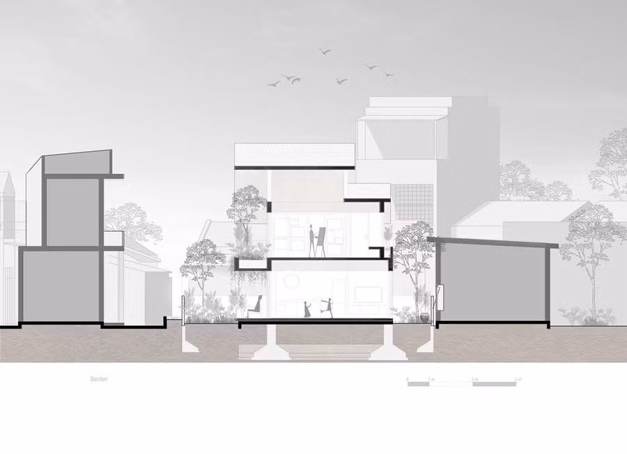 Do đó, các kiến trúc sư đã thiết kế khéo léo, để tích hợp các không gian động và tĩnh, tối ưu hóa mặt tiền hướng Tây dài 16m.