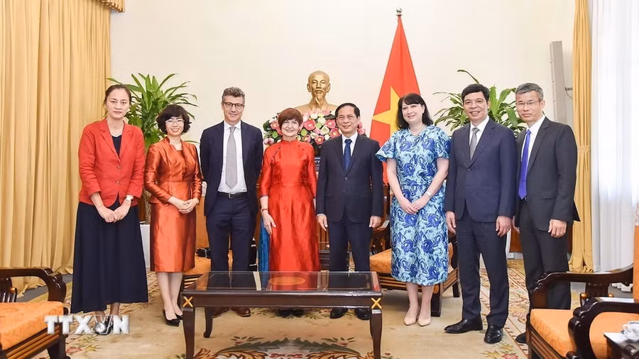 Bộ trưởng Ngoại giao Bùi Thanh Sơn tiếp bà Simona-Mirela Miculescu, Chủ tịch Đại hội đồng UNESCO. (Ảnh: TTXVN phát)