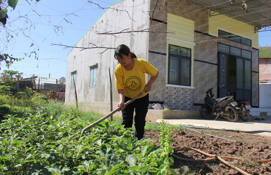 Được hỗ trợ hơn 400 m2 đất ở, chị Hà Thị Diễn đã mạnh dạn vay mượn thêm để xây được căn nhà mới rộng gần 80 m2 với chi phí hơn 300 triệu đồng, phần đất còn lại chị trồng rau và chăn nuôi. Ảnh: Minh Phương Được hỗ trợ hơn 400 m2 đất ở, chị Hà Thị Diễn đã mạnh dạn vay mượn thêm để xây được căn nhà mới rộng gần 80 m2 với chi phí hơn 300 triệu đồng, phần đất còn lại chị trồng rau và chăn nuôi. Ảnh: Minh Phương