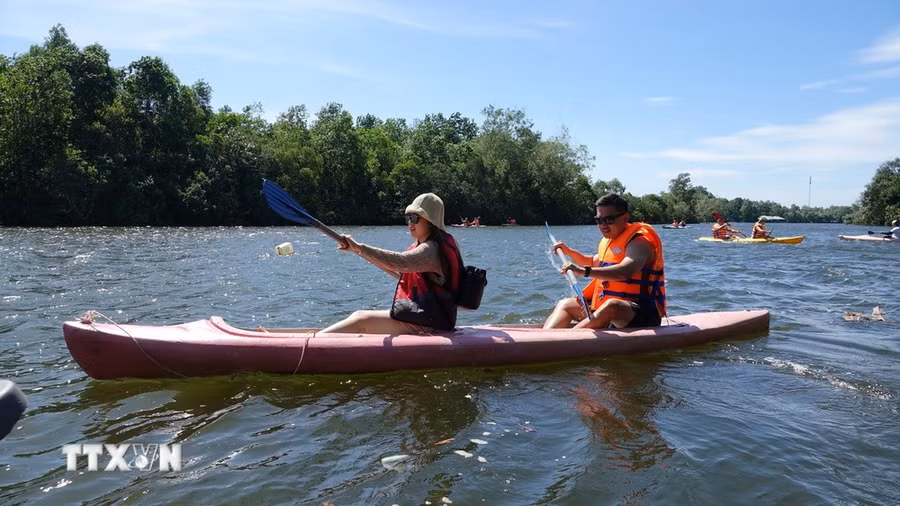Du khách quốc tế chèo thuyền Kayak trên sông Cửa Cạn, thành phố Phú Quốc, tỉnh Kiên Giang. (Ảnh: Lê Huy Hải/TTXVN)