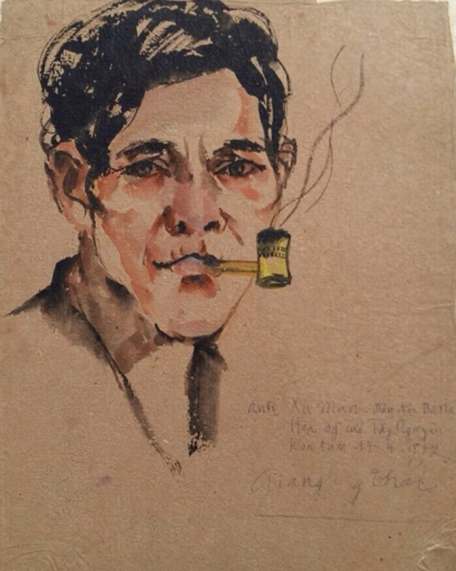 Ký họa của Giang Nguyên Thái. Trên tranh ghi: Anh Xu Man – dân tộc Ba Na, họa sĩ của Tây Nguyên, Kon Tum 17-4-1972. Ảnh NVCC