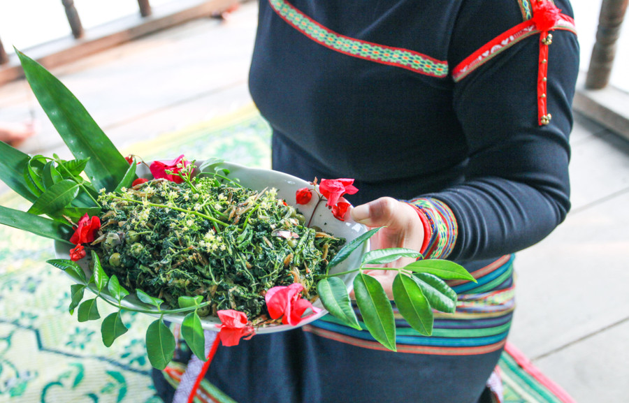 Món gỏi lá mì với cà Lào, cá cơm Sê San được trang trí bắt mắt, thơm ngon. Ảnh: H.T