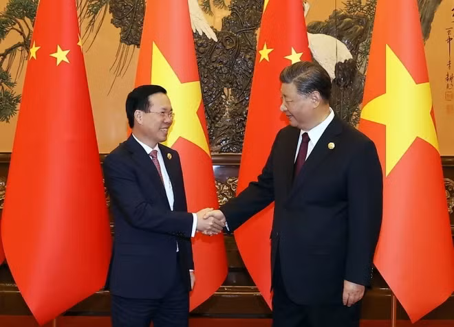 Nhân dịp tham dự Diễn đàn Cấp cao Hợp tác quốc tế "Vành đai và Con đường" lần thứ ba, sáng 20/10/2023, tại Thủ đô Bắc Kinh, Chủ tịch nước Võ Văn Thưởng hội kiến Tổng Bí thư, Chủ tịch Trung Quốc Tập Cận Bình. (Ảnh: Thống Nhất/TTXVN)