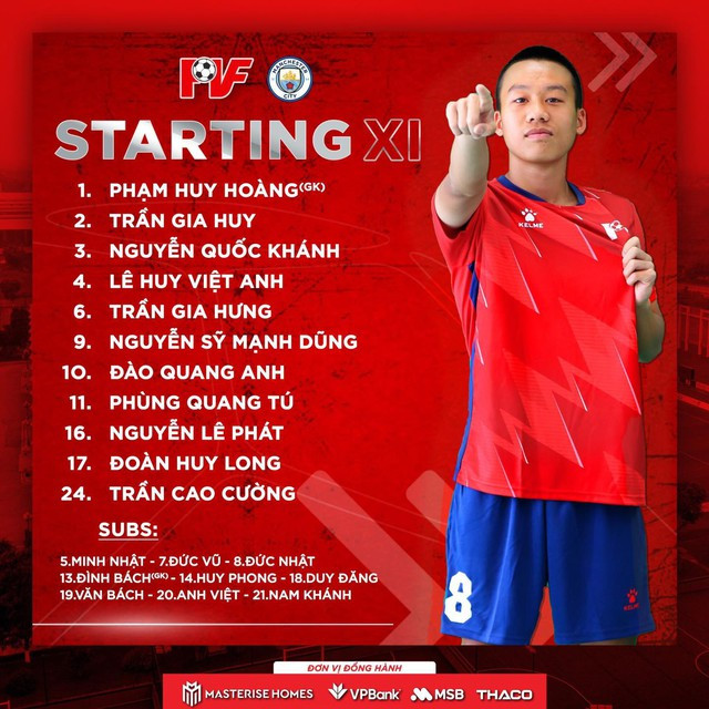 Nóng: U.16 PVF tạo địa chấn, xuất sắc đánh bại U.16 Man City - Ảnh 1. Đội hình U.16 PVF trong trận đấu với U.16 Man City.