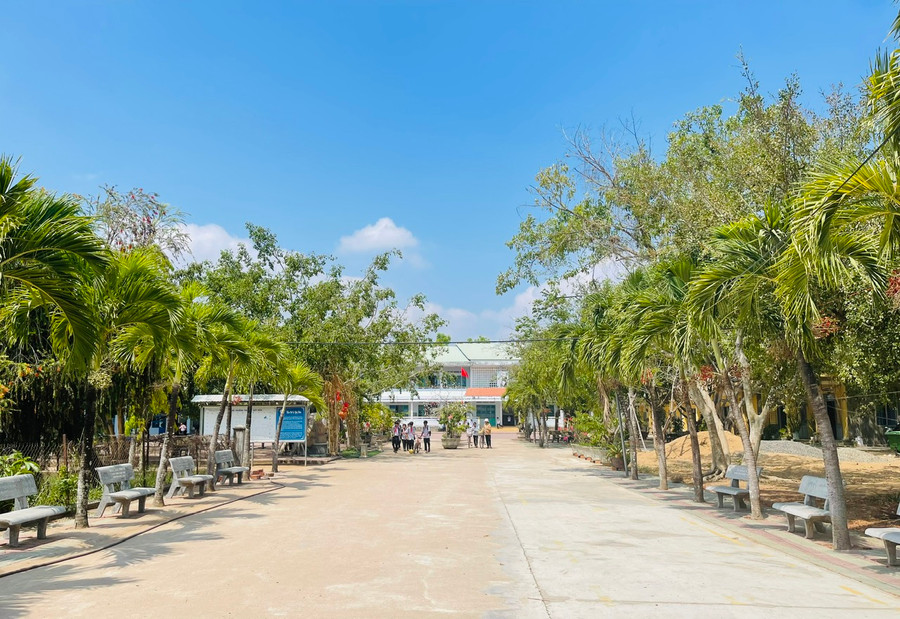 Sân trường được trang trí bằng hàng trăm cây xanh đã tạo không khí mát mẻ, trong lành giúp học sinh thêm yêu trường lớp. Ảnh: Nhật Hào Sân trường được trang trí bằng hàng trăm cây xanh đã tạo không khí mát mẻ, trong lành giúp học sinh thêm yêu trường lớp. Ảnh: Nhật Hào