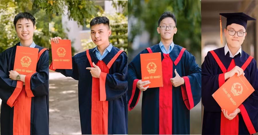 Chân dung 4/6 thủ khoa khối thi và kỳ thi tốt nghiệp THPT năm 2023 của Gia Lai (từ trái sang phải): Trịnh Thái Bảo, Nguyễn Hoàng Anh Tuấn, Huỳnh Đức Nhân và Dương Hồ Nam. Ảnh: NVCC