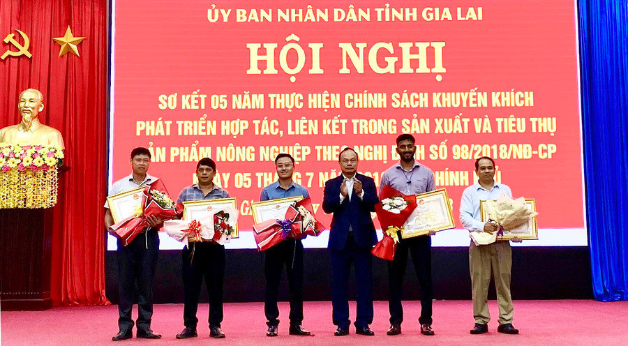 Phó Chủ tịch UBND tỉnh Dương Mah Tiệp trao bằng khen của Chủ tịch UBND tỉnh cho 5 đơn vị có thành tích xuất sắc trong thực hiện Nghị định số 98/2018/NĐ-CP. Ảnh: Hà Duy