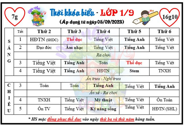 Thời khóa biểu của học sinh lớp 1 trường tiểu học tại Q.Bình Tân, TP.HCM. PHỤ HUYNH CUNG CẤP