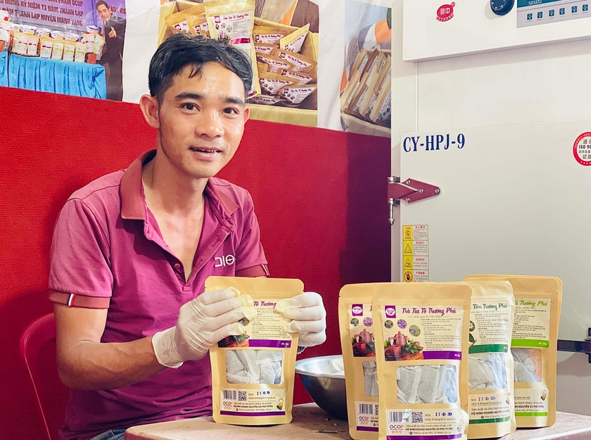 Sản phẩm trà tía tô của anh Nguyễn Vũ Phú Trường (thôn 5, xã An Phú, TP. Pleiku, tỉnh Gia Lai) được công nhận sản phẩm OCOP 3 sao cấp tỉnh vào cuối năm 2023. Ảnh: Mai Ka