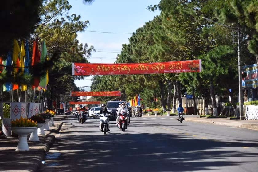 Người dân Pleiku nô nức xuống đường du xuân. Ảnh: Đức Thụy