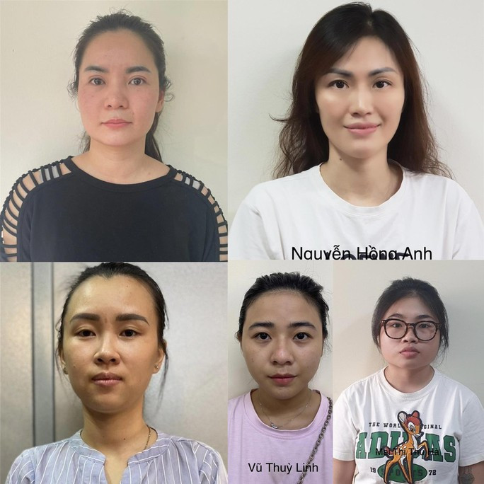 Bị can Oanh, Hồng Anh, Hồng Hạnh, Thùy Linh, Thu Hà (từ trái qua phải, từ trên xuống dưới)