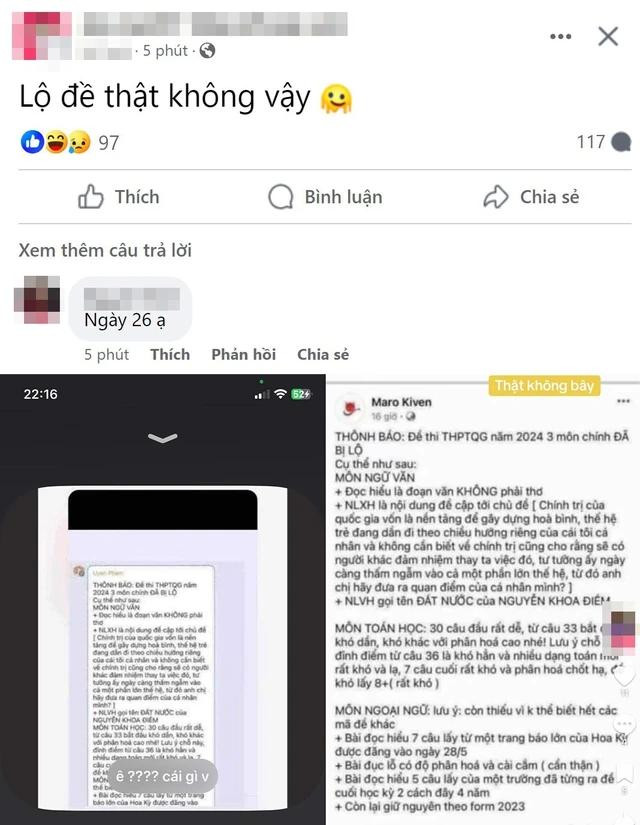 Dù đã nửa đêm, các thí sinh vẫn bàn luận sôi nổi việc "lộ đề thi" trên các nền tảng mạng xã hội như Facebook, TikTok. CHỤP MÀN HÌNH Dù đã nửa đêm, các thí sinh vẫn bàn luận sôi nổi việc "lộ đề thi" trên các nền tảng mạng xã hội như Facebook, TikTok. CHỤP MÀN HÌNH