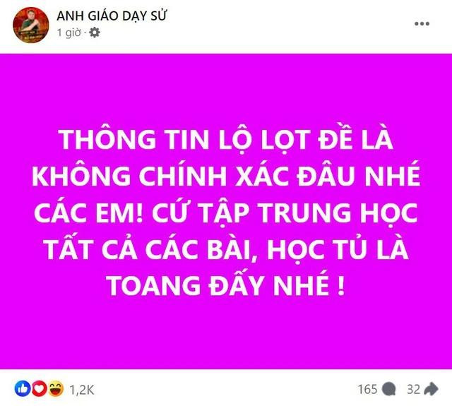 Một tài khoản lên tiếng trấn an thí sinh rằng thông tin lộ đề là "không chính xác". CHỤP MÀN HÌNH Một tài khoản lên tiếng trấn an thí sinh rằng thông tin lộ đề là "không chính xác". CHỤP MÀN HÌNH
