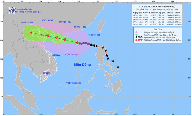 Bản đồ dự báo quỹ đạo và cường độ bão số 3, lúc 17 giờ ngày 5-9