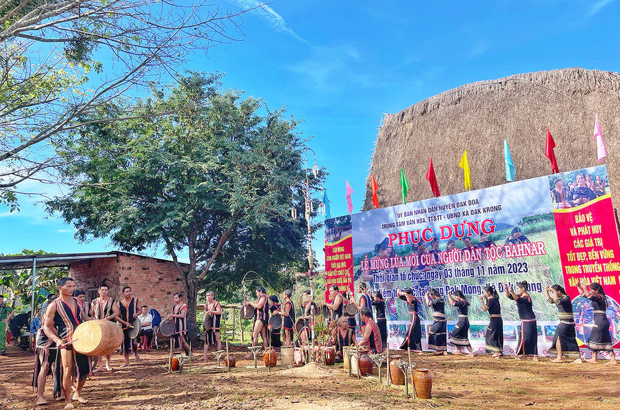 Người Bahnar làng Đak Mong hân hoan trong lễ mừng lúa mới. Ảnh: H.N
