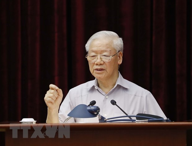 Tổng Bí thư Nguyễn Phú Trọng, Trưởng Ban Chỉ đạo Trung ương về phòng, chống tham nhũng, tiêu cực phát biểu chỉ đạo Hội nghị toàn quốc tổng kết 10 năm công tác đấu tranh phòng, chống tham nhũng, tiêu cực. (Ảnh: Phương Hoa/TTXVN)