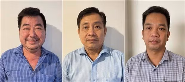 Các bị can (từ trái sang phải): Lê Quang Bình; Võ Truyền Thống; Nguyễn Tấn Lịnh. (Ảnh: TTXVN phát)
