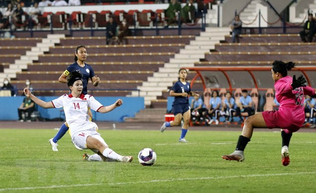 U20 nữ Việt Nam thi đấu áp đảo trước U20 nữ Singapore. (Ảnh: Trung Kiên/TTXVN)