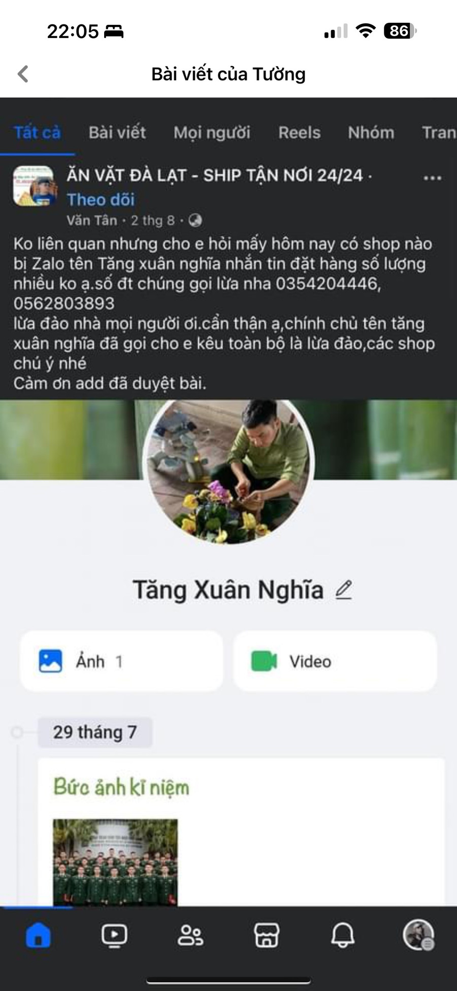 Thông tin cảnh báo đối tượng giả danh quân nhân lừa đảo trên một nhóm cộng đồng mua bán Đà Lạt