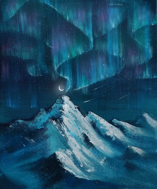 Bức tranh cực quang trên đỉnh núi mất hơn 8 giờ để hoàn thành của Phi Long. Ảnh: NVCC