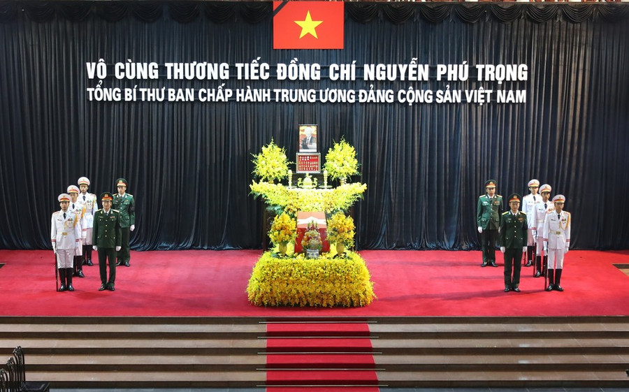 Nhà tang lễ Quốc gia (số 5 Trần Thánh Tông, Hà Nội), trước thời điểm Lễ viếng Tổng Bí thư Nguyễn Phú Trọng diễn ra. Ảnh: QUANG PHÚC